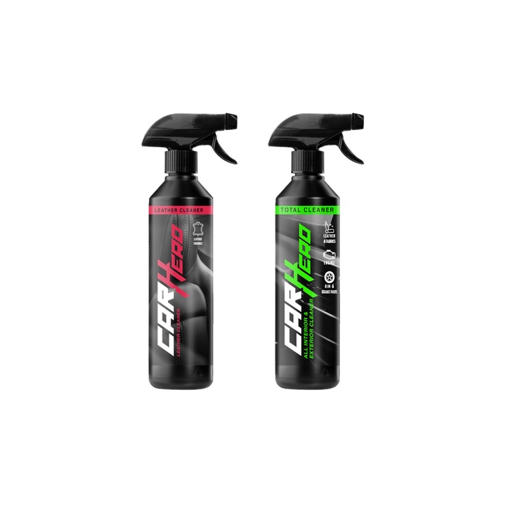 Pachet Profesional Detailing Auto – Leather Cleaner + Total Cleaner, Car Hero, 2x500ml, Curatare si Intretinere Piele, Reda Aspectul Natural + Curatare Generala si Indepartare Pete, Solutie Eficienta pentru Intretinere Completa