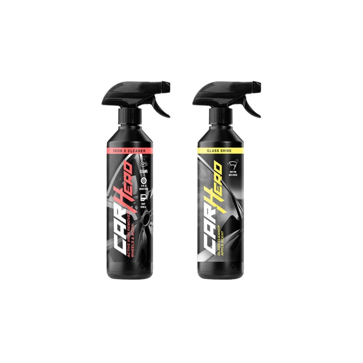 Pachet Profesional Detailing Auto – Iron X Cleaner + Glass Shine, Car Hero, 2x500ml, Decontaminare Rapida Jante Aluminiu, Aliaj, Otel si Caroserie + Curatare Profesionala Parbriz, Sticla si Geamuri, Finish Clar si Protectie Durabila