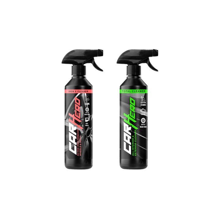 Pachet Profesional Detailing Auto – Iron X Cleaner + Total Cleaner, Car Hero, 2x500ml, Decontaminare Rapida Jante Aluminiu, Aliaj, Otel si Caroserie + Curatare Generala si Indepartare Pete, Solutie Eficienta pentru Intretinere Completa