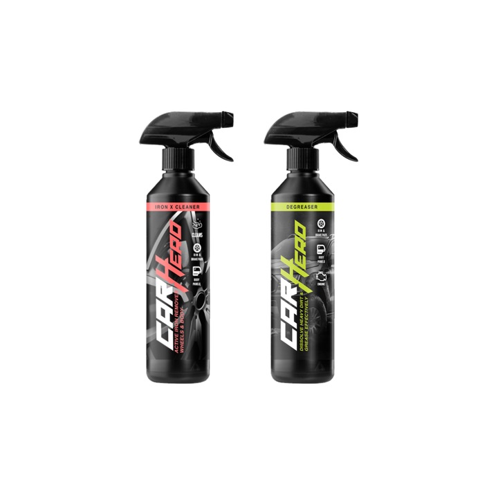 Pachet Profesional Detailing Auto – Iron X Cleaner + Degreaser, Car Hero, 2x500ml, Decontaminare Rapida Jante Aluminiu, Aliaj, Otel si Caroserie + Prespalare Caroserie, Elimina Grasimi Intarite si Murdaria Dificila, Curatare Eficienta si Protectie Complet