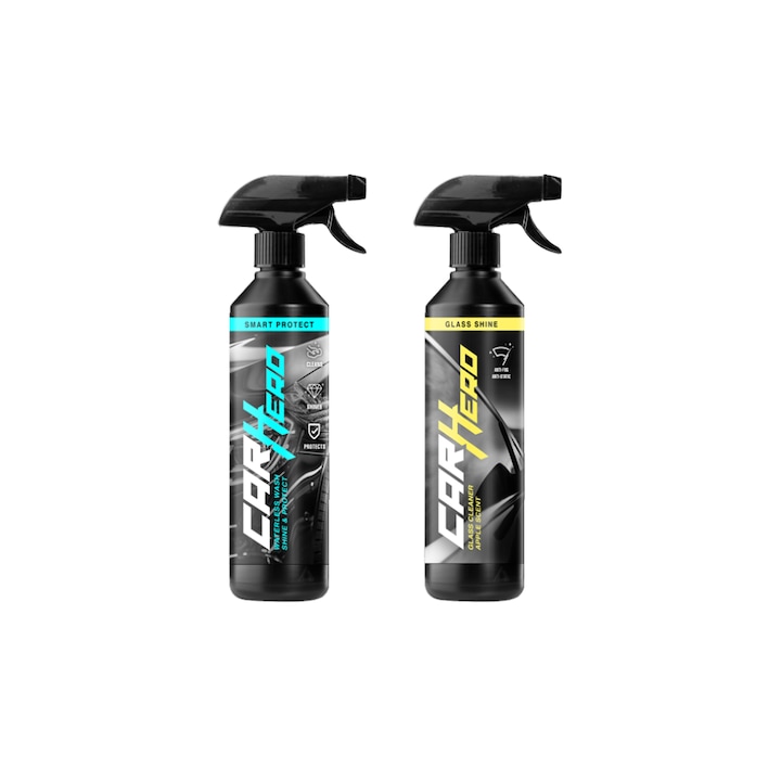 Pachet Profesional Detailing Auto – Smart Protect V2.0 + Glass Shine, Car Hero, 2x500ml, Curatare Fara Apa cu Efect de Ceruire, Formula Noua + Curatare Profesionala Parbriz, Sticla si Geamuri, Finish Clar si Protectie Durabila