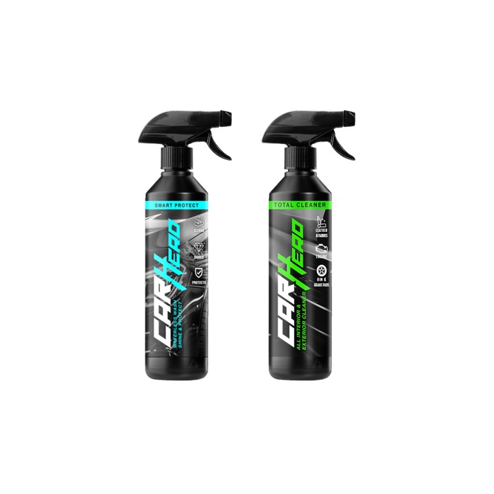 Pachet Profesional Detailing Auto – Smart Protect V2.0 + Total Cleaner, Car Hero, 2x500ml, Curatare Fara Apa cu Efect de Ceruire, Formula Noua + Curatare Generala si Indepartare Pete, Solutie Eficienta pentru Intretinere Completa