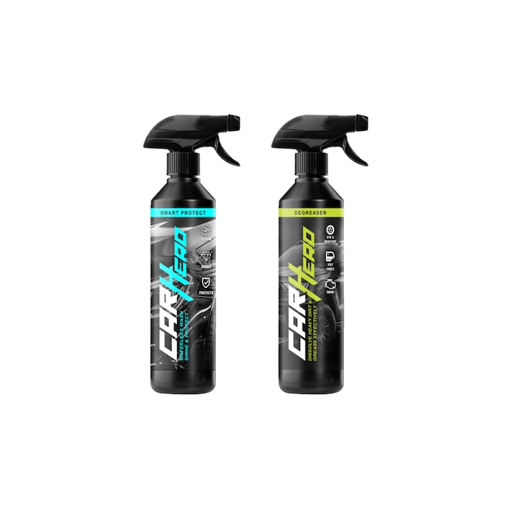 Pachet Profesional Detailing Auto – Smart Protect V2.0 + Degreaser, Car Hero, 2x500ml, Curatare Fara Apa cu Efect de Ceruire, Formula Noua + Prespalare Caroserie, Elimina Grasimi Intarite si Murdaria Dificila, Curatare Eficienta Interior cat si Exterior