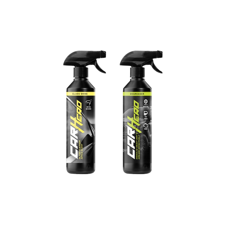 Pachet Profesional Detailing Auto – Glass Shine + Degreaser, Car Hero, 2x500ml, Curatare Profesionala Parbriz, Sticla si Geamuri + Prespalare Caroserie, Elimina Grasimi Intarite si Murdaria Dificila, Eficienta Maxima pentru Intretinerea Auto