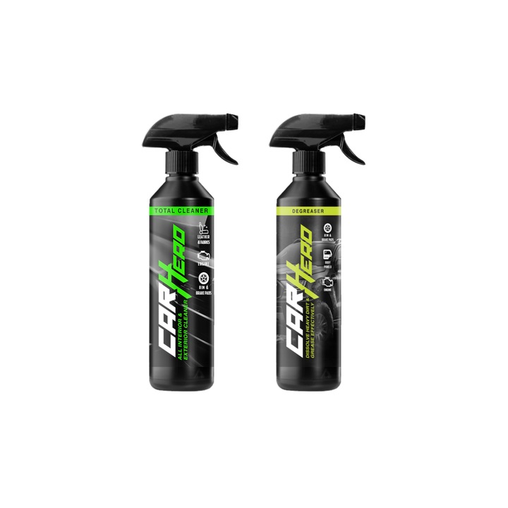 Pachet Profesional Detailing Auto – Total Cleaner + Degreaser, Car Hero, 2x500ml, Curatare Generala si Indepartare Pete, Solutie Eficienta pentru Interior si Exterior + Prespalare Caroserie, Elimina Grasimi Intarite si Murdaria Dificila