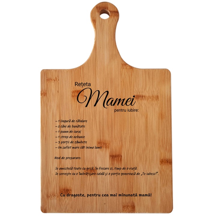 Подаръчен комплект за мама, JOYSTOS, персонализирана бамбукова дъска за рязане, гравирана с – Mom's Recipe for Love, 24x27 cm