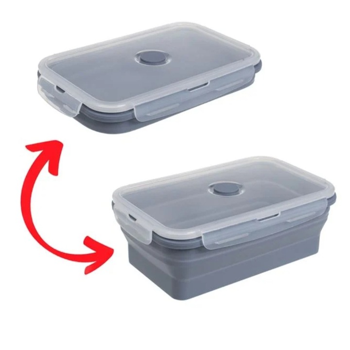 Caserola pliabila din silicon, gri, cu capac din plastic, 1.2L, 21x13x7.5cm