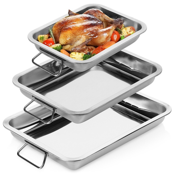 Set 3 tavi de copt Vilde, inox, 26,5x16,5x4,8cm, 31,5x24,5x4,8cm, 35,5x26,5x4,8cm