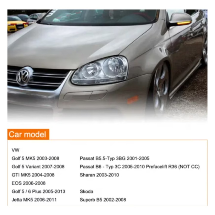 Комплект от 2 динамични LED мигачи за външни огледала VW Passat B6, B5.5, Golf 5, Jetta, Eos, Golf 6 Plus, INELAG