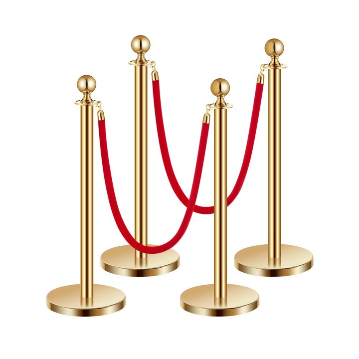 4 Stalpi Aurii cu 2 Funii de Catifea Rosie, Baza Goala Injectata cu Nisip, Set de 4 bucati