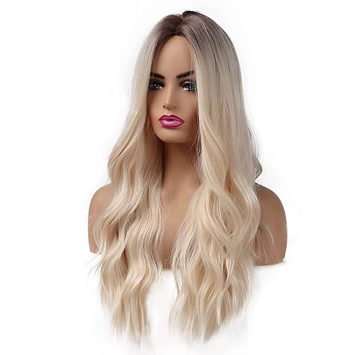 Дълги 26-инчови руси перуки за жени, естествено оцветен синтетичен косъм с тъмни корени. Синтетична перука, широковълнести термоустойчиви перуки.