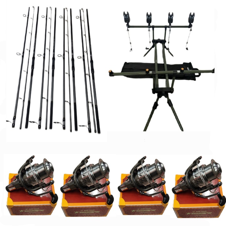 Set 4 Lansete Carbon, 3, 90m, 3 Segm + 4 Mulinete Treasure 7000 cu Baitrunner Long Cast, 12 Rulmenti + Rod Pod Echipat + 4 Role Fir
