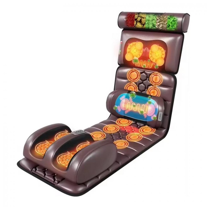 Шиацу пълен масажен матрак, BLIROWIN®, за хора с болки в гърба, 9 режима на масаж, 10 вибрационни мотора, контролно устройство, еко кожа, тъмно кафяв