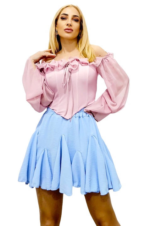 Къса панталонна пола Zig-Zag Plisse, с волани и креп ефект, Baby Blue, Универсален размер S/M