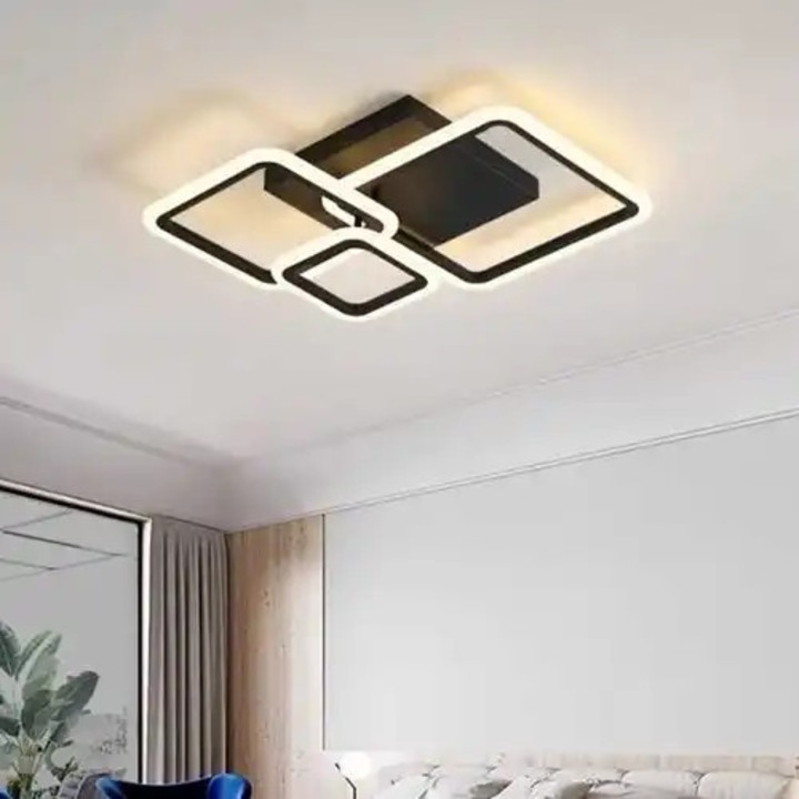 Lustra LED cu 3 tipuri de lumina si telecomanda, neagra, asimetrica, 88W, intensitate reglabila, lumina rece/neutra/calda, 46x46x17cm, IP21, aplicata, montaj tavan, LED CONCEPT
