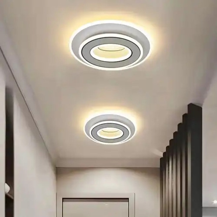 Lustra LED cu 3 tipuri de lumina si telecomanda, alba, rotunda, 100W, intensitate reglabila, lumina rece/neutra/calda, 32x32x6cm, IP21, aplicata, montaj tavan, LED CONCEPT