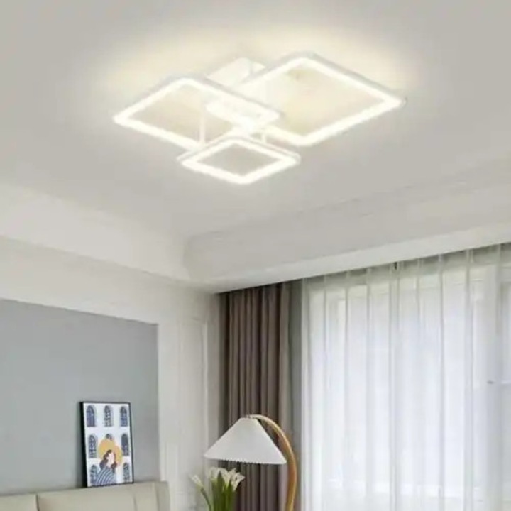 Lustra LED cu 3 tipuri de lumina si telecomanda, alba, asimetrica, 88W, intensitate reglabila, lumina rece/neutra/calda, 46x46x17cm, IP21, aplicata, montaj tavan, LED CONCEPT