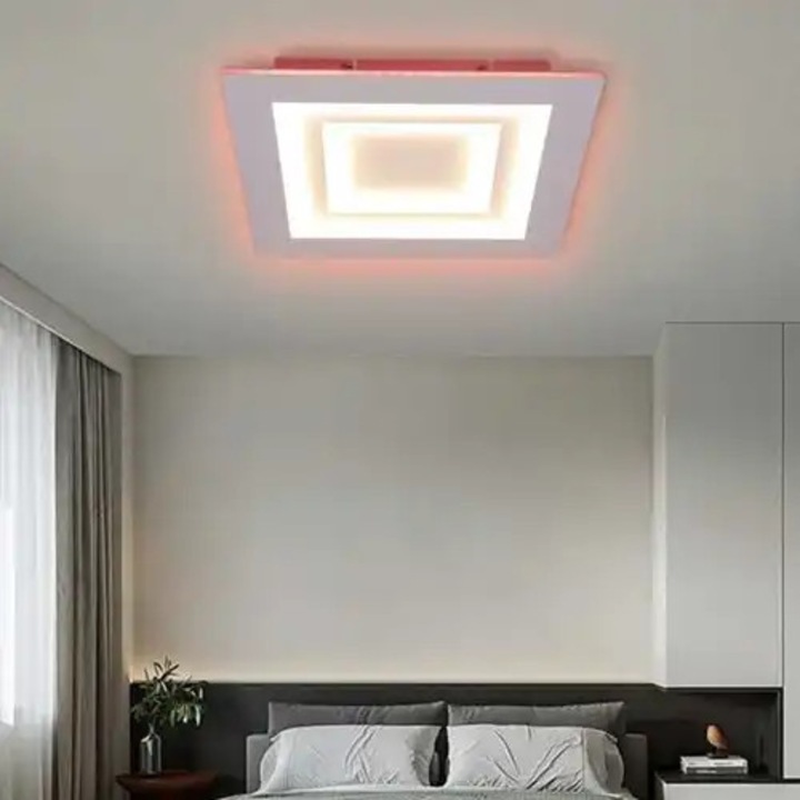 Lustra LED cu 3 tipuri de lumina si telecomanda, alba, patrata, 96W, intensitate reglabila, lumina rece/neutra/calda + RGB, 40x40x6cm, IP21, aplicata, montaj tavan, LED CONCEPT