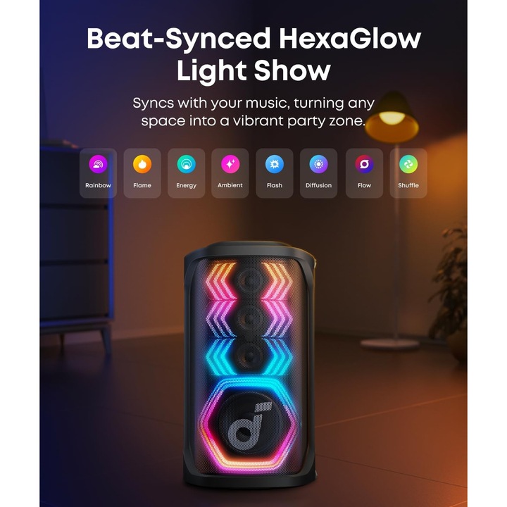 Преносима тонколона Anker SoundCore Rave 3S, 200 W, Bluetooth, Караоке AI, IPX4, 12-часов живот на батерията, Черен