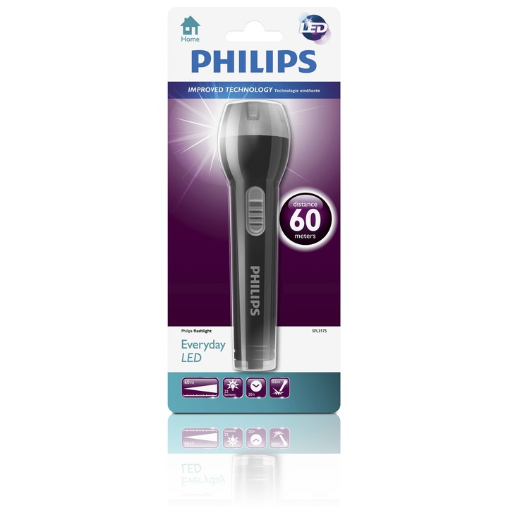 Фенер LED Philips Everyday SFL3175/10, 22 лумена, 2xAA, Черен/Сив