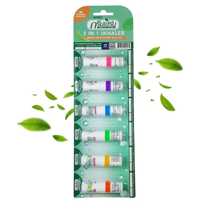 Назален ментолов стик-инхалатор за нос Green Herb 2 в 1, при запушен нос, умора и главоболие, 5 етерични масла, комплект 6 бр