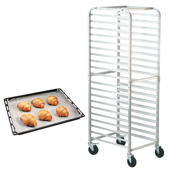Raft chifle, Rafturi Comerciale Panificatie, 20 niveluri, roti frana, depozitare jumatate/foaie plina, suport bucatarie, echipamente coacere paine, dimensiuni 66cmL x 51.8cmW x 177.8cmH