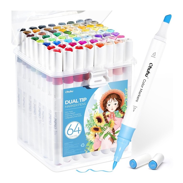 Ohuhu marker készlet 64 darab, kifestőkönyvekhez, dupla hegyű véső és ecset, vízbázisú, nem mérgező, többszínű