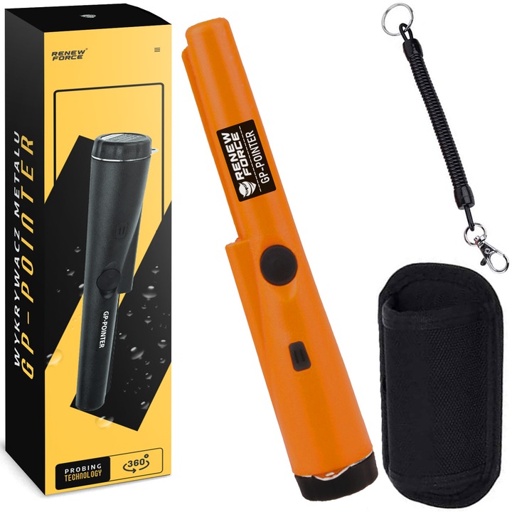 Detector de metale pretioase, portabil, vibratie, Renew Force, alarma, -37℃ 70℃, LED, detectie aur si argint, pentru copii, aventuri, arheologie si cautare de monede, carcasa inclusa, Portocaliu GP-POINTER-ORANGE