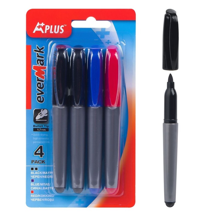 Tartós jelölőkészlet 4 darabos, kerek hegyű fekete piros kék fémüveg műanyag fóliához