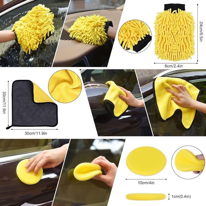 Set de detailing, Luxtom, 27 in 1, Galben, 26 de elemente, Profesional pentru curatarea masinii, Nylon