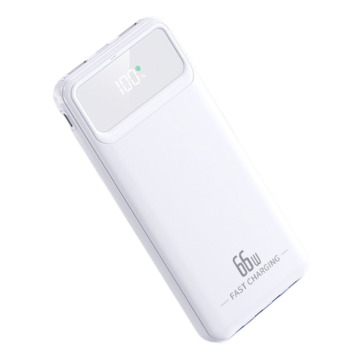 Външна батерия, Axroad Mall, Преносима външна батерия (Power Bank), Бързо зареждане, PD 66W, 20000 mAh, 5V/2.1A, 4 x Вградени кабела (Micro, Type-C, Lightning, USB), Защита от пренапрежение, LED дисплей, Универсална, 149х69х22 мм, Бял