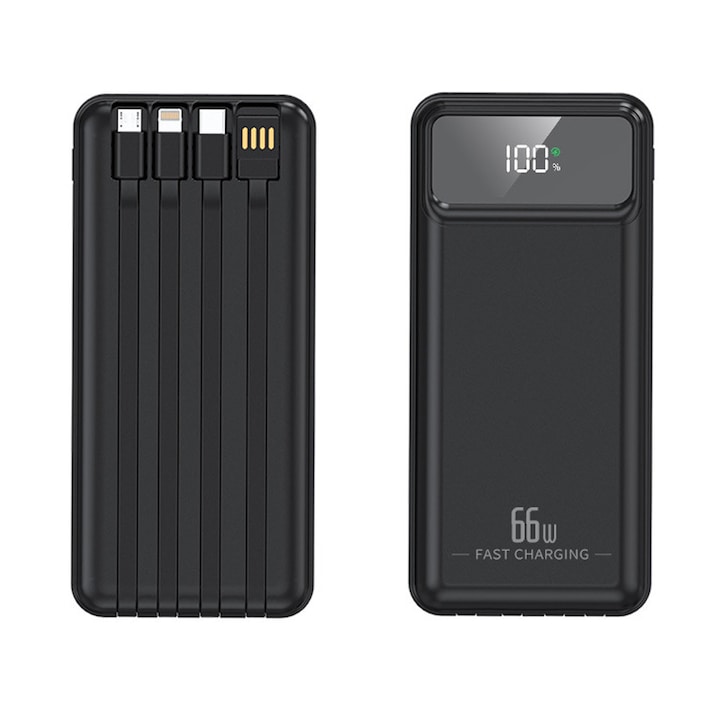 Външна батерия, Axroad Mall, Преносима външна батерия, Бързо зареждане, PD 66W, 20000 mAh, 5V/2.1A, 4 x Вградени кабела (Micro, Type-C, Lightning, USB), Защита от пренапрежение, LED дисплей, Универсална, 149*69*22 мм, Черна