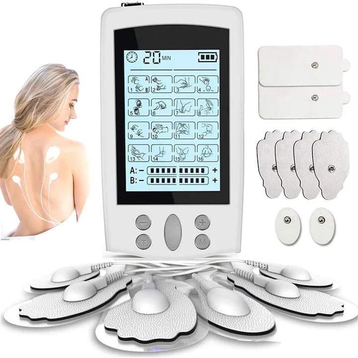 Elektrostimulációs masszírozó, TENS és EMS funkciók, 16 üzemmód, köztük 8 elektróda, meridián fizioterápiás műszer, újratölthető modell, AB csatorna, hordozható, ezüstszürke