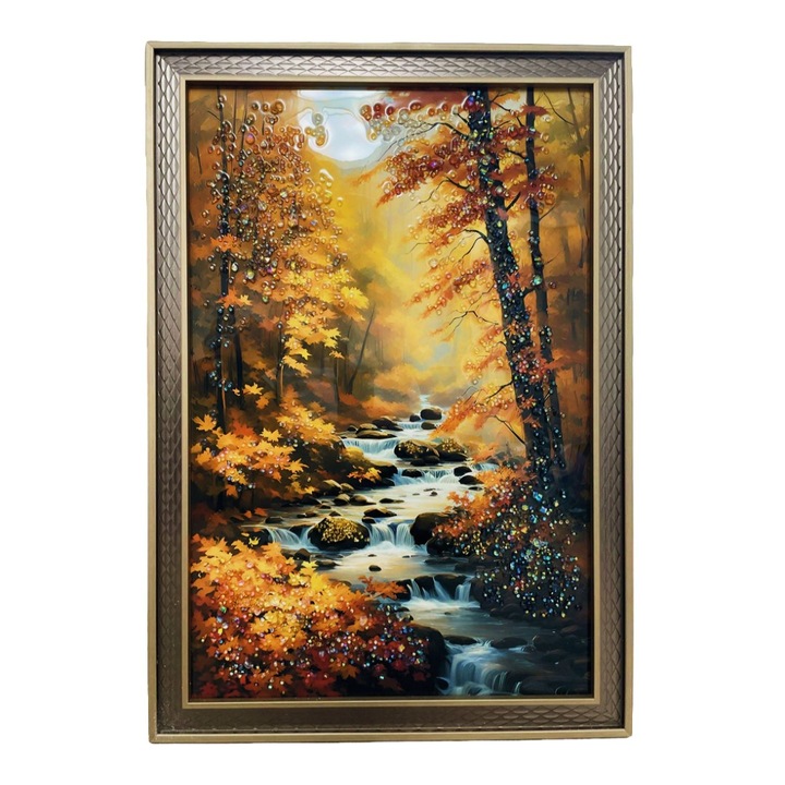 Tablou Rasina 3D cu Pietricele Stralucitoare, Padure de Toamna, 46x66 cm – Arta Decorativa de Perete