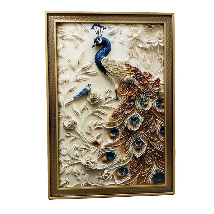 Tablou Rasina 3D cu Pietricele Stralucitoare, Paun, 46x66 cm – Arta Decorativa de Perete