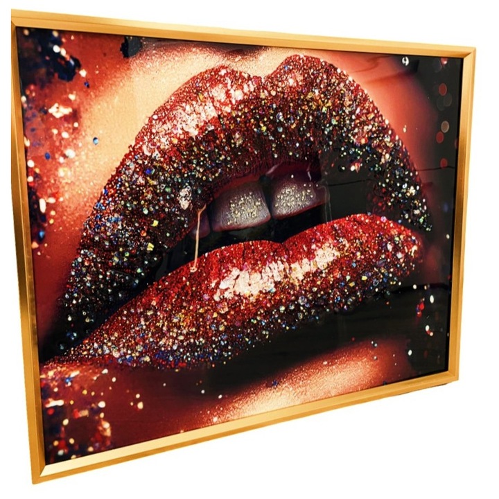 Tablou Rasina 3D cu Pietricele Stralucitoare, Glossy Lips, buze, 52x42 cm – Arta Decorativa de Perete