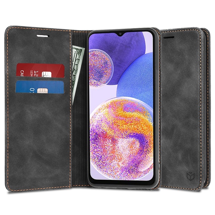 Husa pentru Samsung Galaxy A23 / Galaxy A23 5G, SKYDDAR INNOVATION, Soft Wallet, tip Carte din piele Eco Premium, cu Portofel Interior, Negru, set cu sticker