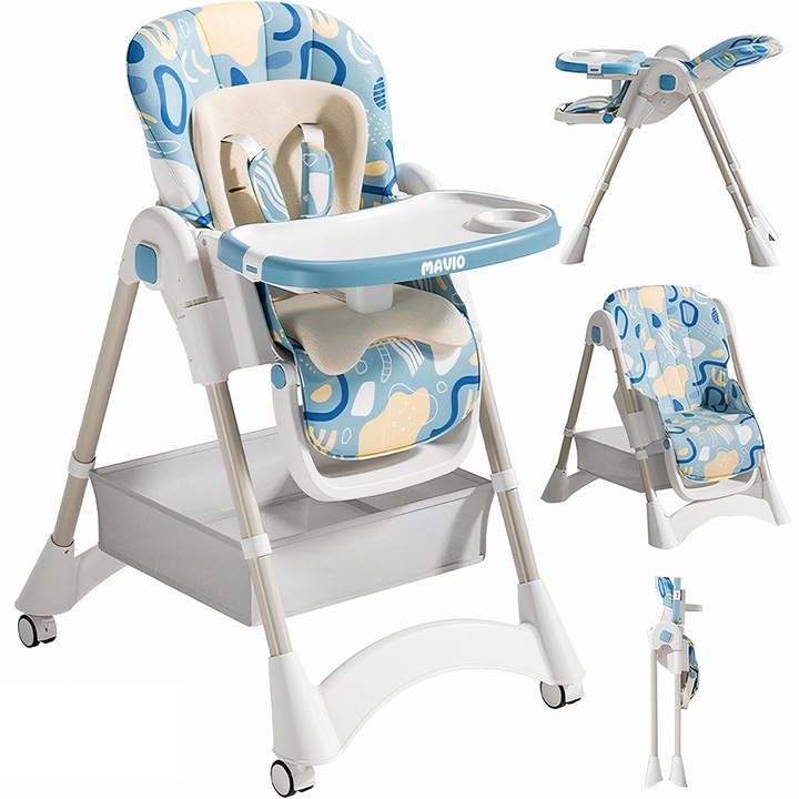 Scaun de Masa 3 in 1 pentru Bebelusi si Copii Mavio®, Model OMNY, Pliabil, 6-36 luni, Inaltime Reglabila, Centura de Siguranta in 5 Puncte, Tavita Reglabila si Detasabila, Roti Transport, Spatiu Depozitare, Usor de Curatat, Greutate Maxima 25kg, Albastru