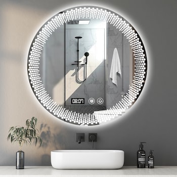 Oglinda Baie LED, DEYKAY, cu Touch si Sistem Dezaburire, Ceas, cu 3 Tipuri de Lumini, 70*70cm, Alb
