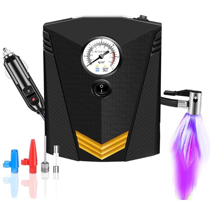 Elektromos autópumpa, UnderShop, multifunkciós, autó-, motor- és kerékpárgumikhoz, matracokhoz és labdákhoz, 12V 100W, fekete