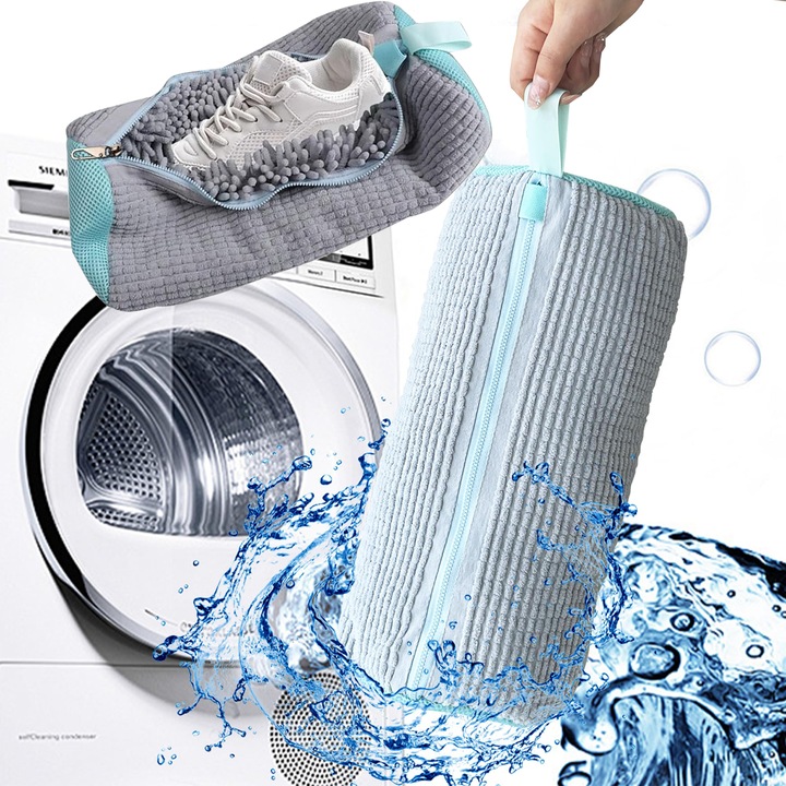 Sac pentru spalat incaltamintea in masina de spalat, lynker, 360° Curatare Profunda, protectie incaltaminte, Anti-Transfer Culori, Mecanism Autoblocant Sigur Fermoar, Material Antirupere, anti-deformare, gri si albastru,18x40cm, poliester/catifea, 2pcs