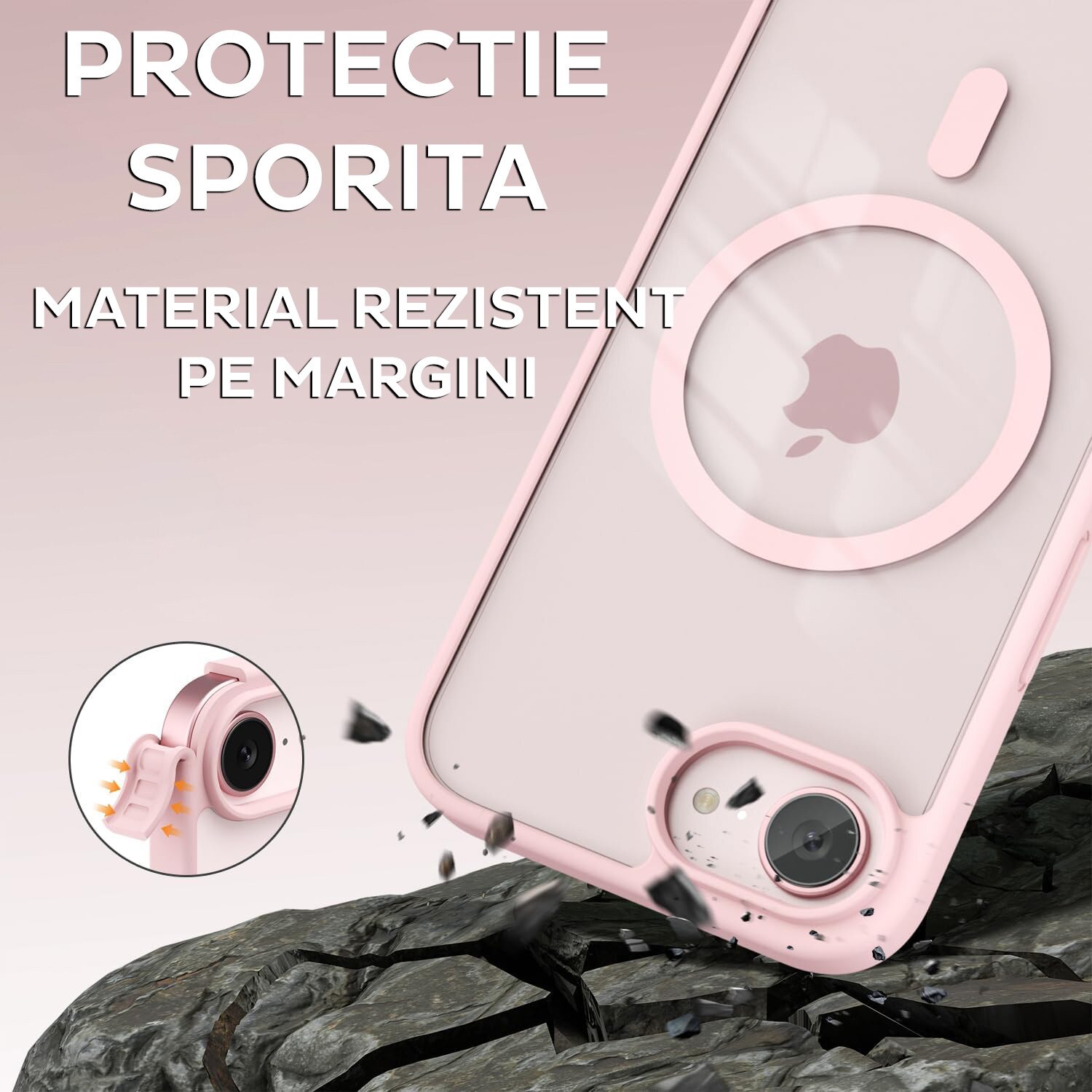 Husa pentru Apple iPhone 16e DaDen®, ClearMag, TPU, Calitate Premium, MagSafe, Incarcare wireless, Transparenta cu margini roz