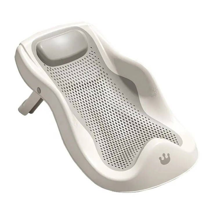 Suport anatomic bebelusi Little Mom Royal Grey pliabil pentru cadita copii, prevazut cu tetiera confortabila, suprafata texturata si gaurele mici de scurgere apa, dimensiune 54.3 x 30.3 x 17.6 cm