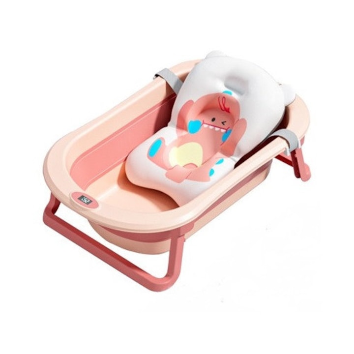 Set cadita pliabila pentru copii Little Mom Dino Pink, cu pernuta bebelusi detasabila, termometru display digital incorporat, dop scurgere, picioruse antiderapante, design ergonomic,80 x 50 x 24 cm