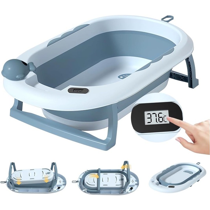 Cada de Baie cu Termometru si Perna Suport Inclusa, Pliabila, Plastic, 82 cm x 49 cm x 22 cm, Albastru aquamarin