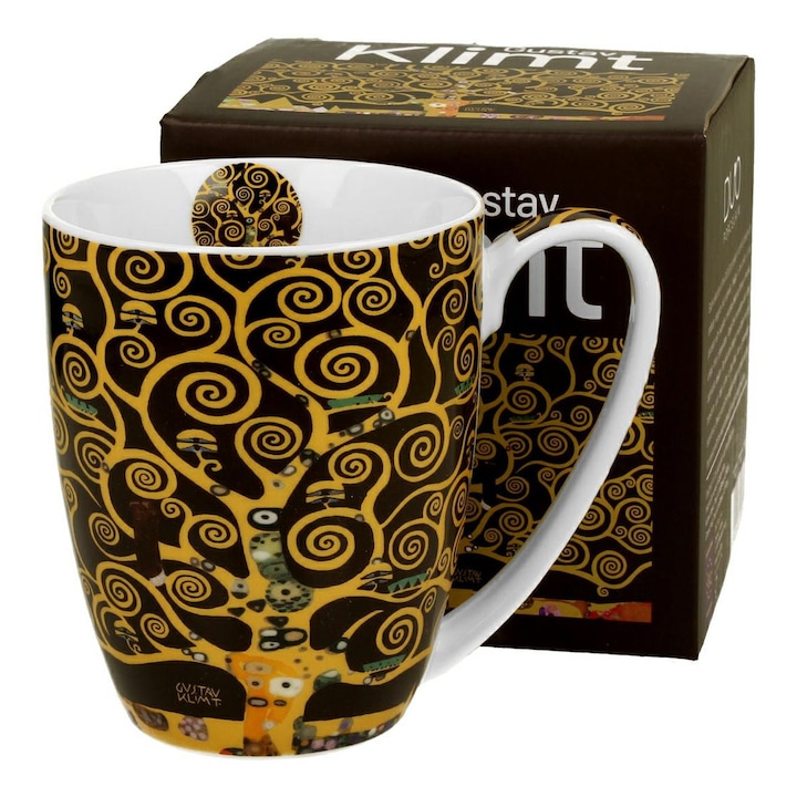 Cana, Portelan, Duo, Gustav Klimt, Copacul Vietii, Portelan, Alb/Auriu/Negru, 350 ml