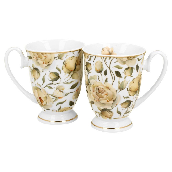 Set De Cesti Din Portelan, Duo, English Roses, Alb/Auriu, Portelan New Bone China, 0, 25 l, Cutie De Cadou Eleganta, 2 Bucati