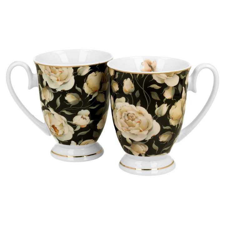 Set 2 Cesti Din Portelan, Duo, Royal English Roses, Portelan, Negru, 0, 25 l, 10 cm