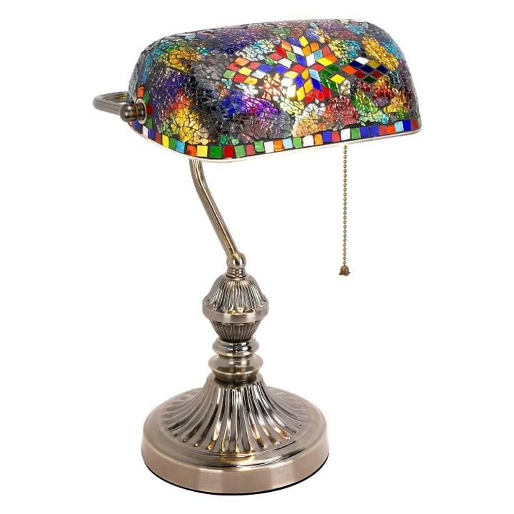 Veioza birou, living, hol sau dormitor, Mozaic Sticla (lucrat maual) Multicolor in stil oriental, actionare cu lant, Vintage, 37cm