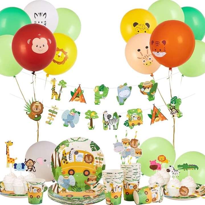 Set decoratiuni petrecere EASY JOY, tematica animale, baloane, farfurii, pahare din hartie, banner „Happy Birthday”, multicolor